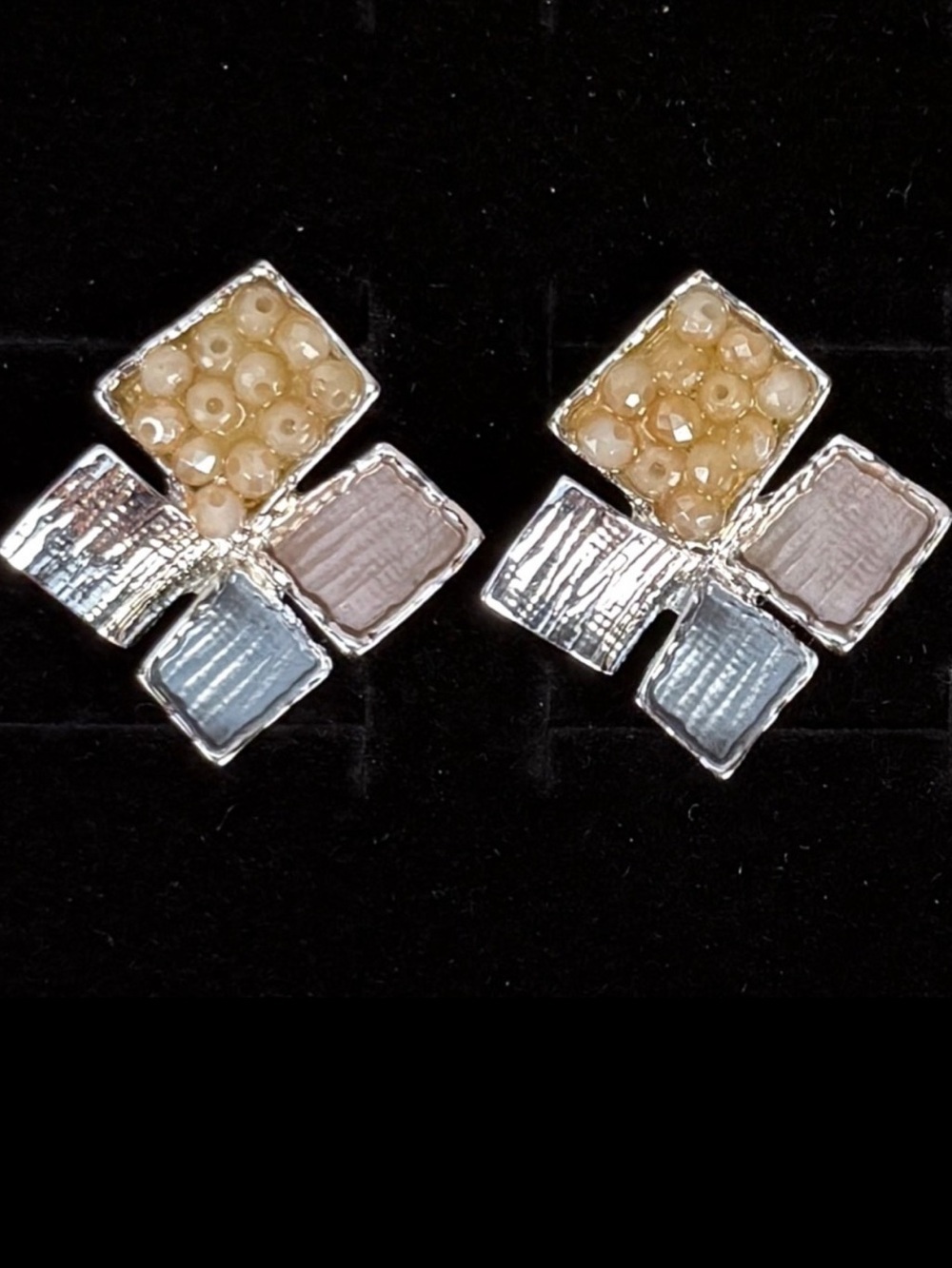 Geometric Silver Tone Pierced Earrings Mixed Texture Beaded Squares